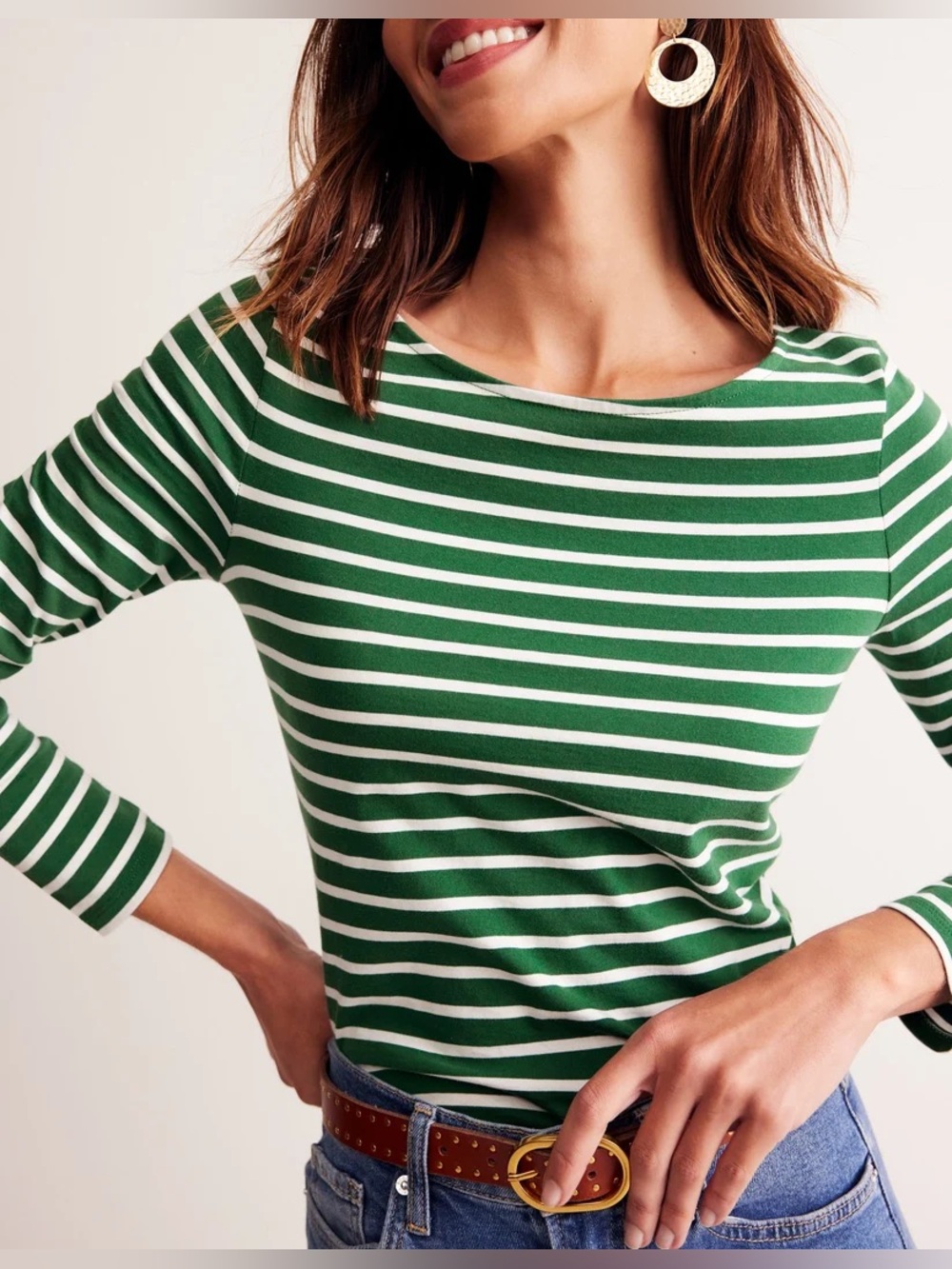 NWT - Boden - Women’s Green & White Striped Boatneck Top - Classic Breton